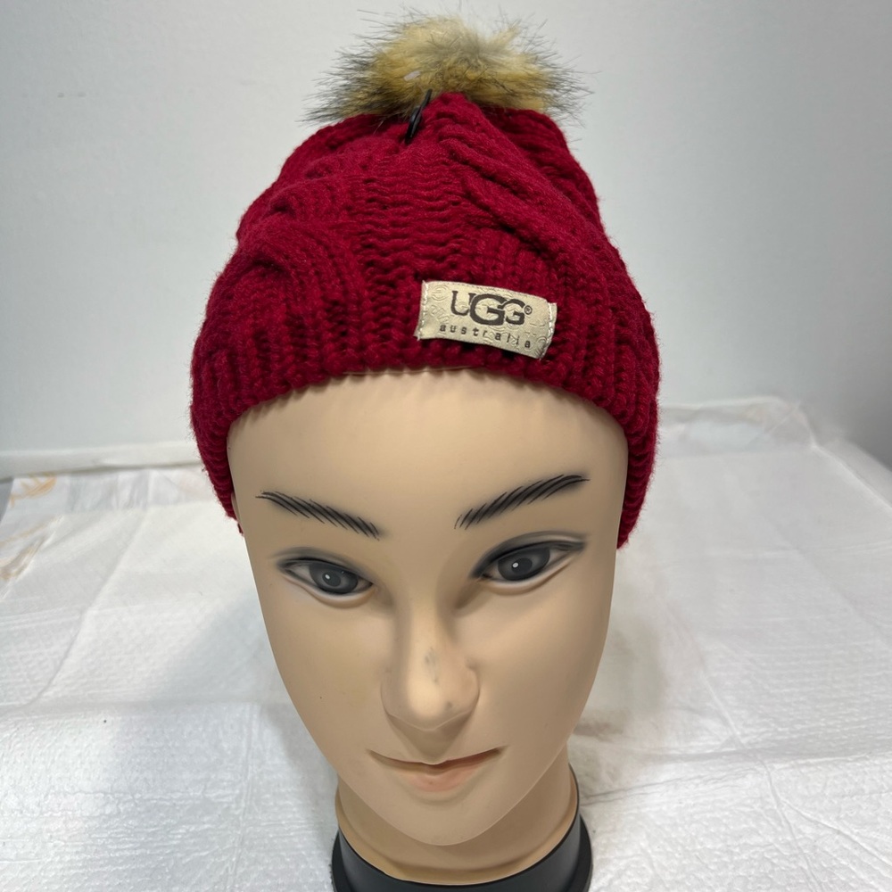 UGG  Red Cable Knit Beanie with Faux Fur Pom NWOT